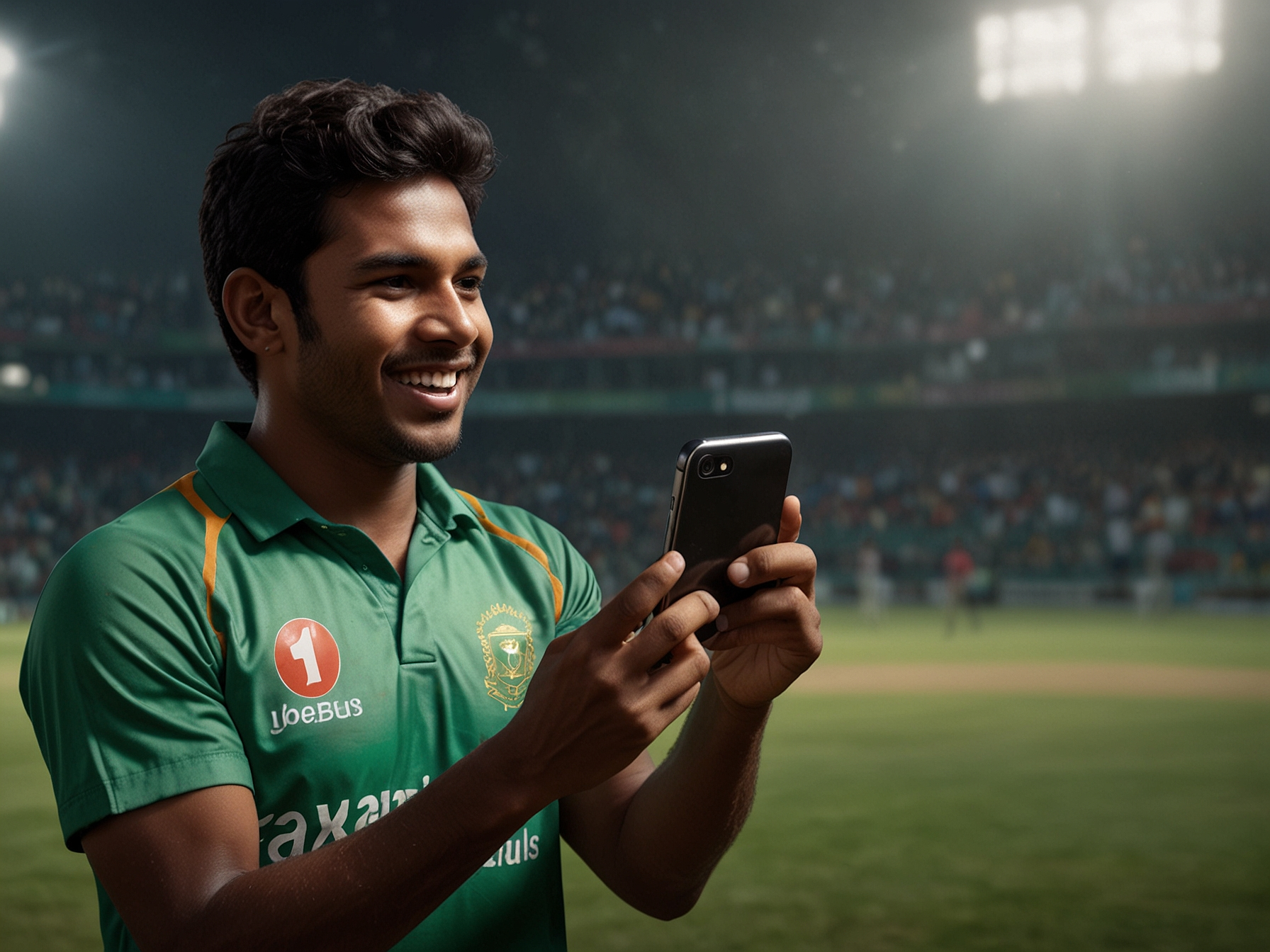Cricket player celebrating a win with smartphone showing 777 Jaya app